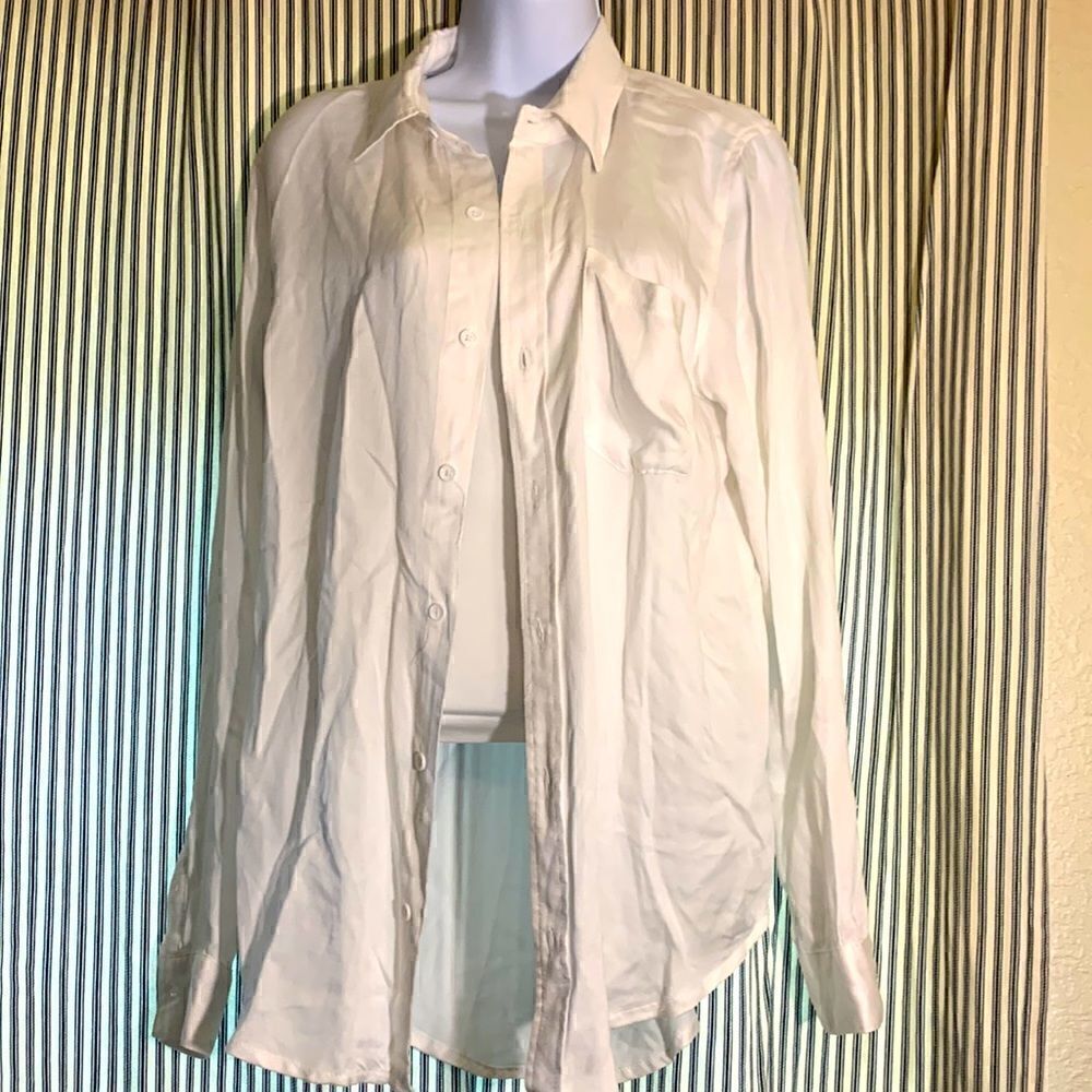 OLIVACEOUS, long sleeve button down, medium, rayon
